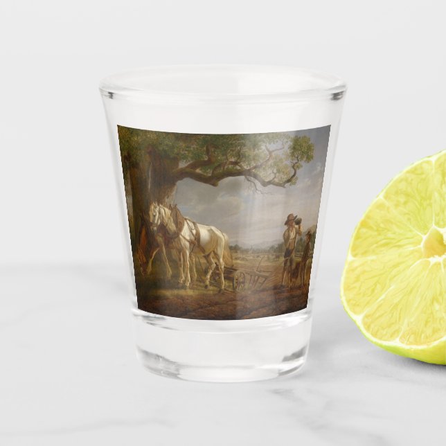 Bauer, die auf einem Feld mit Pferden und Pflug st Schnapsglas (Vorderseite)