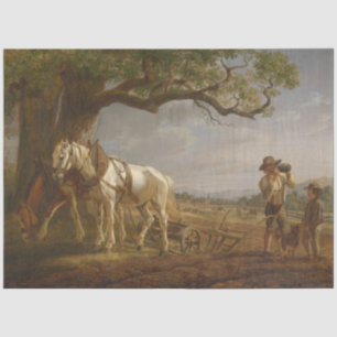 Bauer, die auf einem Feld mit Pferden und Pflug st Seidenpapier