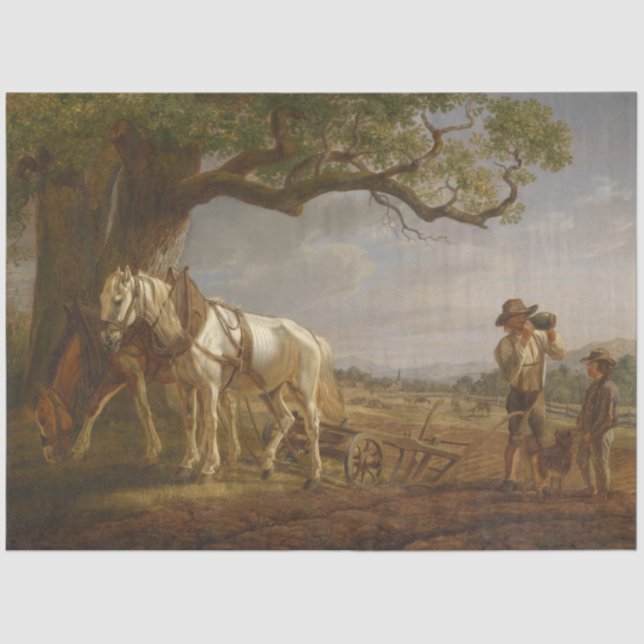 Bauer, die auf einem Feld mit Pferden und Pflug st Seidenpapier (Vorderseite)