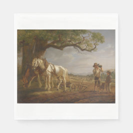 Bauer, die auf einem Feld mit Pferden und Pflug st Serviette