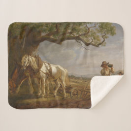 Bauer, die auf einem Feld mit Pferden und Pflug st Sherpadecke