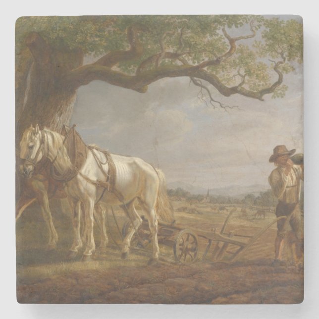 Bauer, die auf einem Feld mit Pferden und Pflug st Steinuntersetzer (Vorderseite)