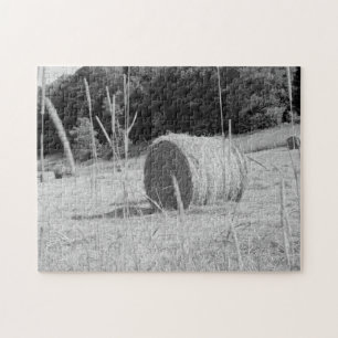 Bauer Hay Field Scene B&W Round Bales im Sommer Puzzle