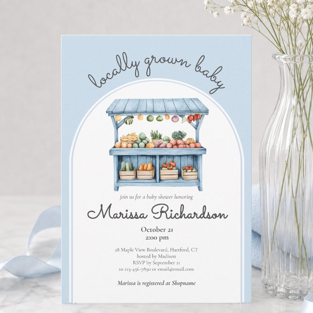Bauer Market Baby Boy Dusche Einladung (elegant locally grown baby pastel blue farmers market baby boy shower invitation with custom details)