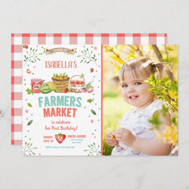 Bauer Markt Grosse Veggies Obst Rote Girl Party Einladung (Vorne/Hinten)