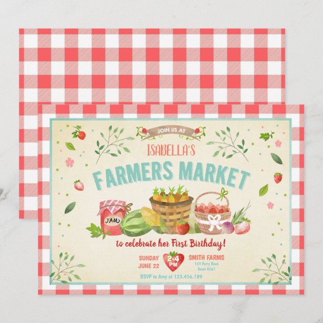 Bauer Markt Grosse Veggies Obst Rote Girl Party Einladung (Vorne/Hinten)