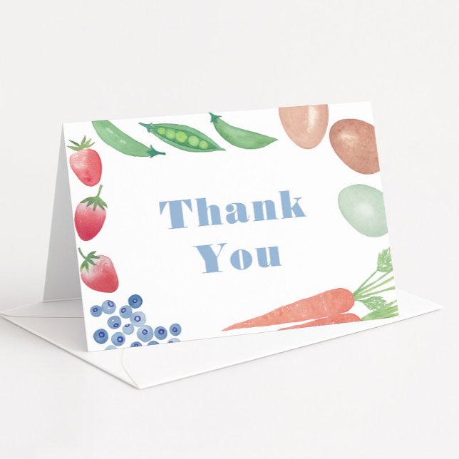 Bauer mit Aquarellfarbe Markt Kinderdusche Dankeskarte (Farmers Market baby boy shower thank you card with blue text and watercolor fruits and veggies)