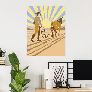 Bauer und Pferd beim Pflügen des Feldes Retro-Sonn Poster