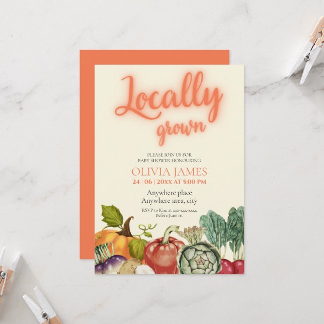 Bauer vermarkten vor Ort gezüchtete Babyduschen Einladung (Vorderseite/Rückseite Beispiel)