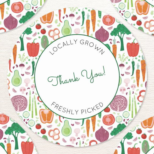 Bauern Markt lokal erwachsen Vielen Dank Runder Aufkleber (Farmers market locally grown freshly picked vegetable patterned thank you stickers )