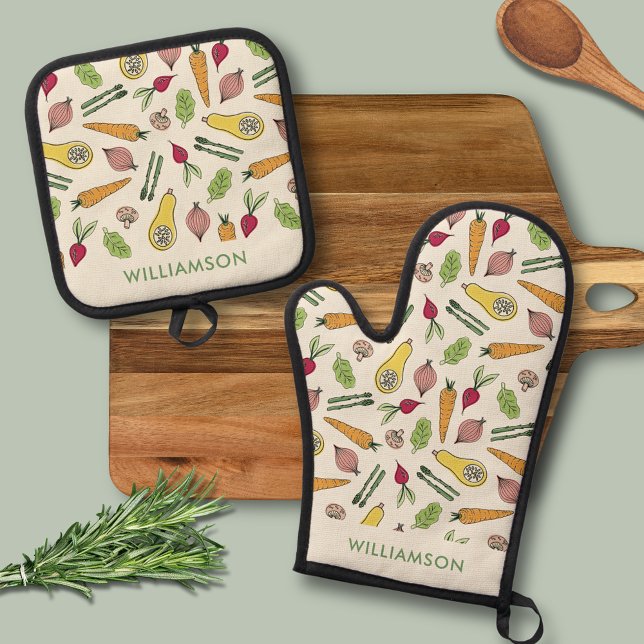 Bauern Markt Pflanzenmuster Ofenhandschuh & Topflappen-Set (Farmers Market Garden Vegetable Patch Oven Glove and Oven Mitt.  Personalize with your own name.)