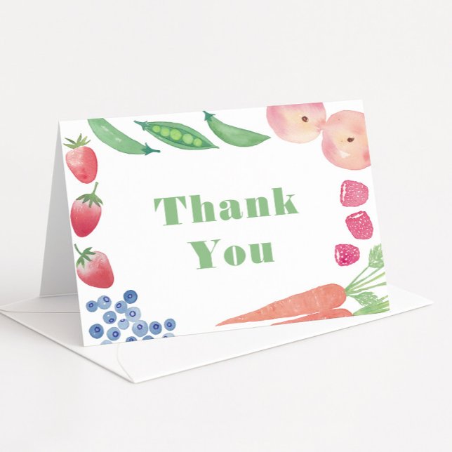 Bauern mit frischen Früchten Dankeskarte (Gender neutral Farmers Market thank you card design with border of watercolor fruits and vegetables)