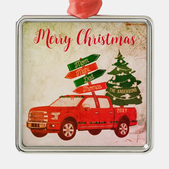 Bauernbaum Red Truck Familie Name Jahrgang Weihnac Ornament Aus Metall (Vorne)