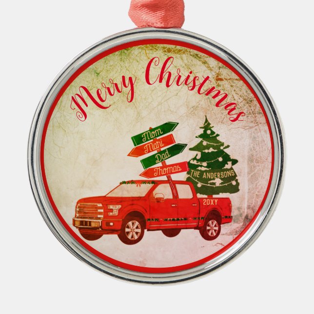 Bauernbaum Red Truck Familie Name Jahrgang Weihnac Ornament Aus Metall (Vorne)