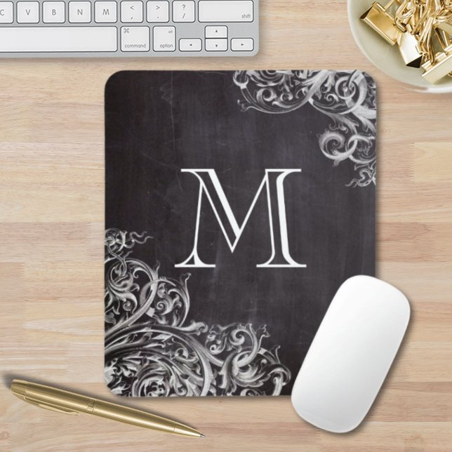 Bauernchic blühe Wirbel Kalkboard Monogramm Mousepad (farmhouse chic flourish swirls chalkboard monogram mouse pad)