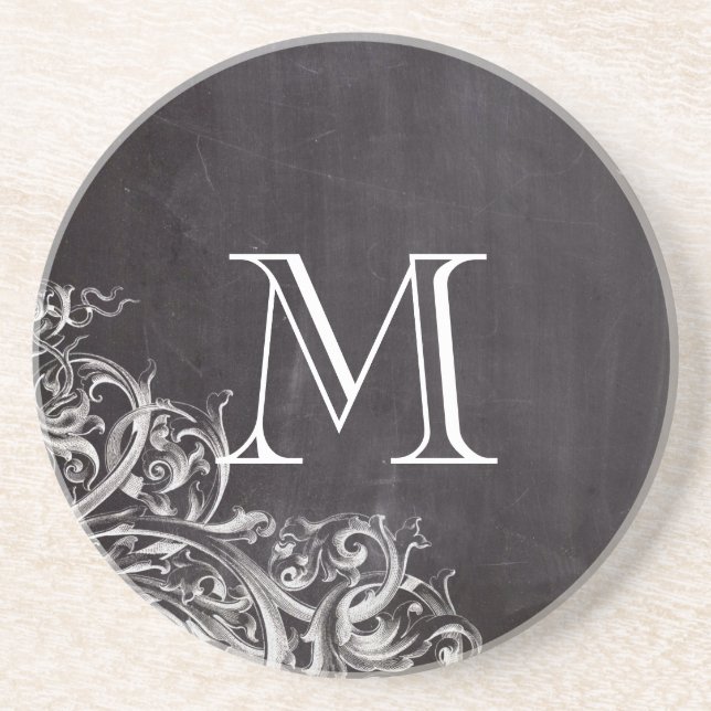 Bauernchic blühe Wirbel Kalkboard Monogramm Untersetzer (Vorne)