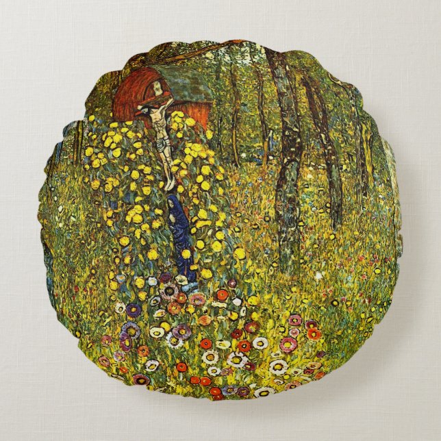 Bauerngarten mit Crucifix von Gustav Klimt Rundes Kissen (Vorderseite)