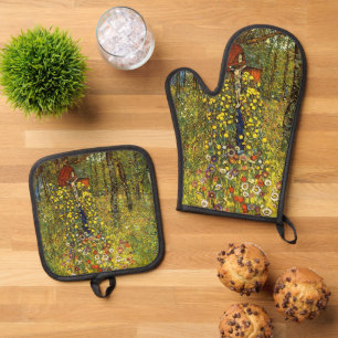 Bauerngarten mit Kruzifix von Gustav Klimt Ofenhandschuh & Topflappen-Set