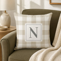 Bauernhaus Beige Gray Gingham Karo Kariert Monogra