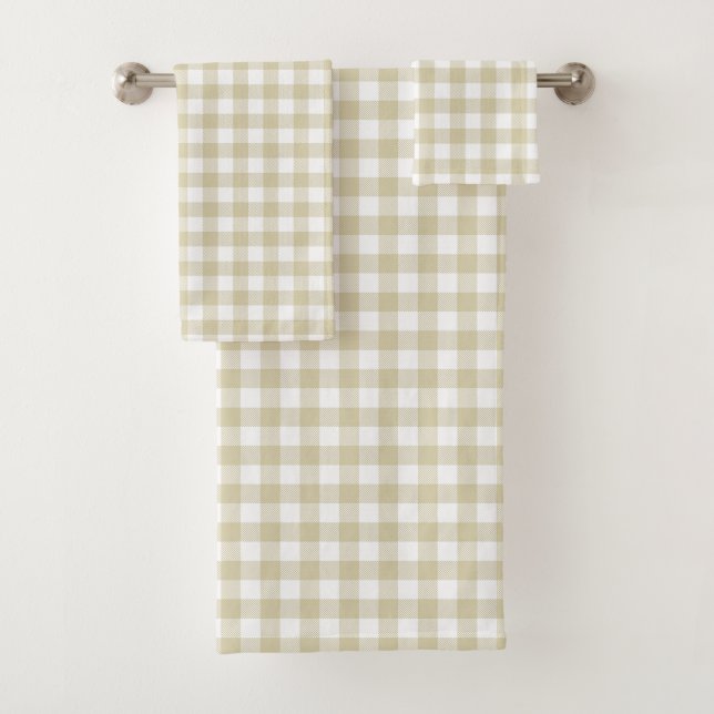 Bauernhaus Beige und White Gingham Kariert Badhandtuch Set (Insitu)