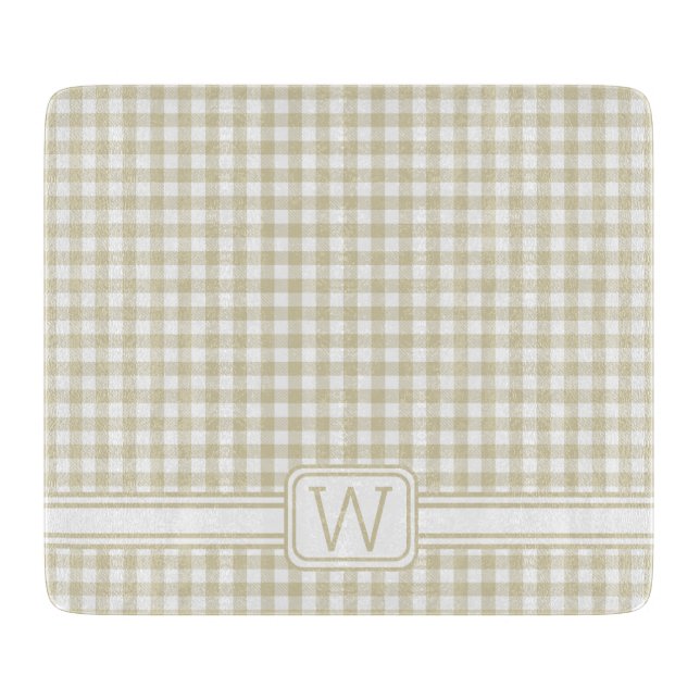 Bauernhaus Beige und White Gingham Kariert Monogra Schneidebrett (Vorderseite)