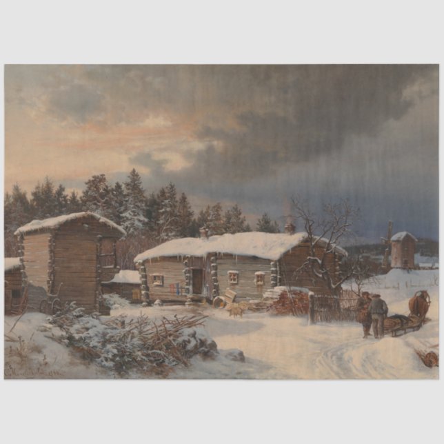 Bauernhaus Hame Finland Winter Landschaft Decoupag Seidenpapier (Vorderseite)