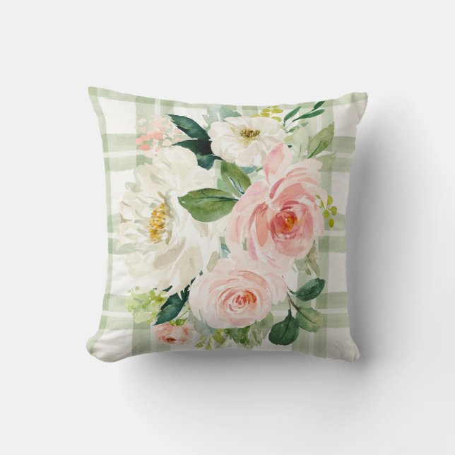 Bauernhaus Hütte Grün Weiß Karierter Blumenfrühlin Kissen (Vorderseite)