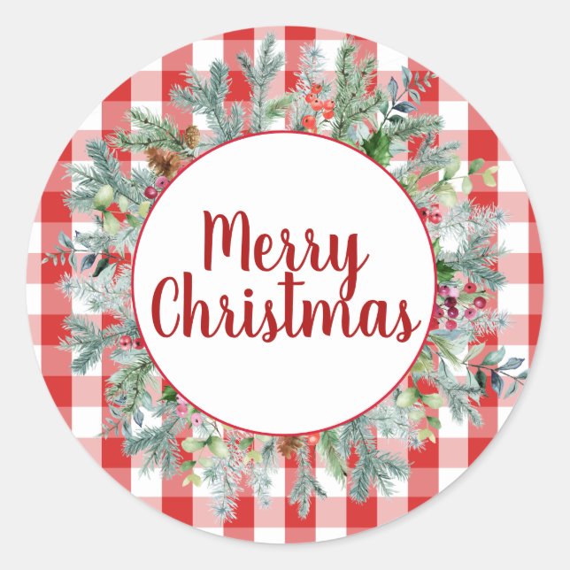 Bauernhaus Red White Buffalo Karo Frohe Weihnachte Runder Aufkleber (Vorderseite)