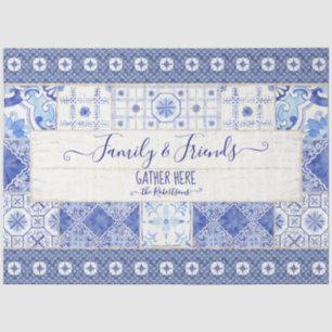 Bauernhaus Tile Blue White Family Gather Decoupage Seidenpapier