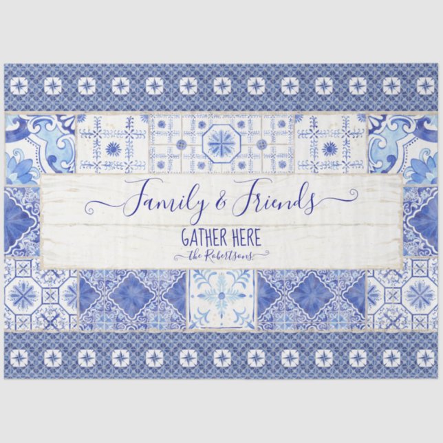 Bauernhaus Tile Blue White Family Gather Decoupage Seidenpapier (Vorderseite)