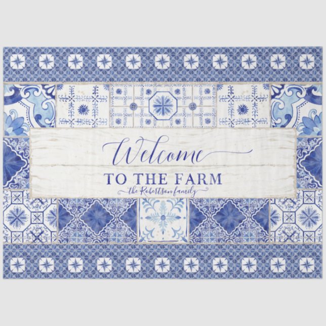 Bauernhaus Tile Blue White Rustic Holz Decoupage Seidenpapier (Vorderseite)