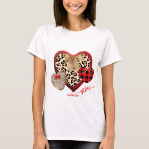 Bauernhaus Valentine Hearts Kariert Cheetah Burlap T-Shirt