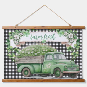 Bauernhaus Vintage Grün Lastwagen Frisch vom B Wandteppich Mit Holzrahmen