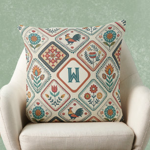 Bauernhaus-Volk-Sage-Grün und Orange-Monogramm Kissen