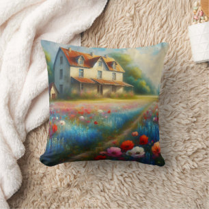 Bauernhof auf einem Feld von Blume Kissen