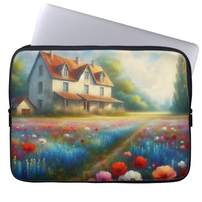 Bauernhof auf einem Feld von Blume Laptopschutzhülle (Vorderseite)