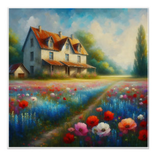 Bauernhof auf einem Feld von Blume Poster
