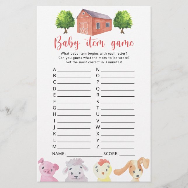 Bauernhof - Baby Item Game. Baby Shower Game (Vorderseite)