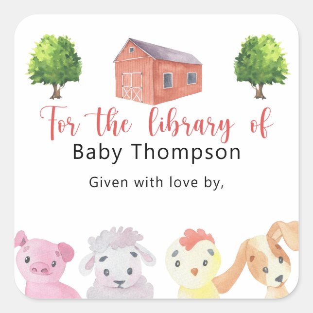 Bauernhof - Babydusche Buchzeichen, Babybücher Quadratischer Aufkleber (Vorderseite)