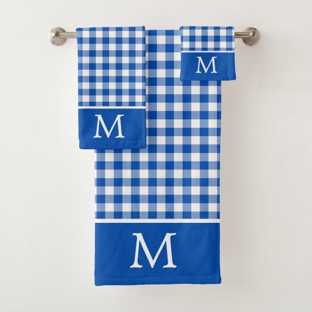 Bauernhof Blau und Weiß Gingham Kariert Monogram Badhandtuch Set (Insitu)