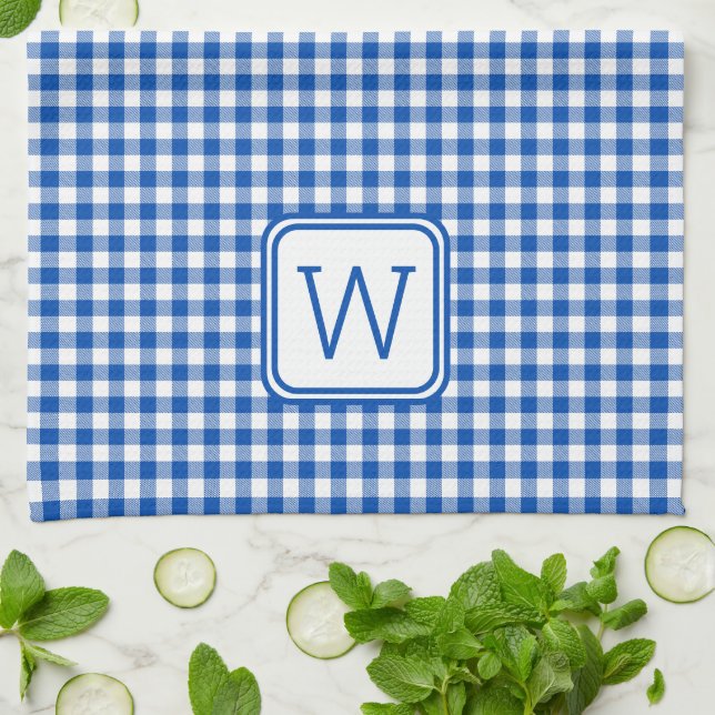 Bauernhof Blau und Weiß Gingham Kariert Monogram Geschirrtuch (Gefaltet)