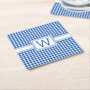 Bauernhof Blau und Weiß Gingham Kariert Monogram Rechteckiger Pappuntersetzer