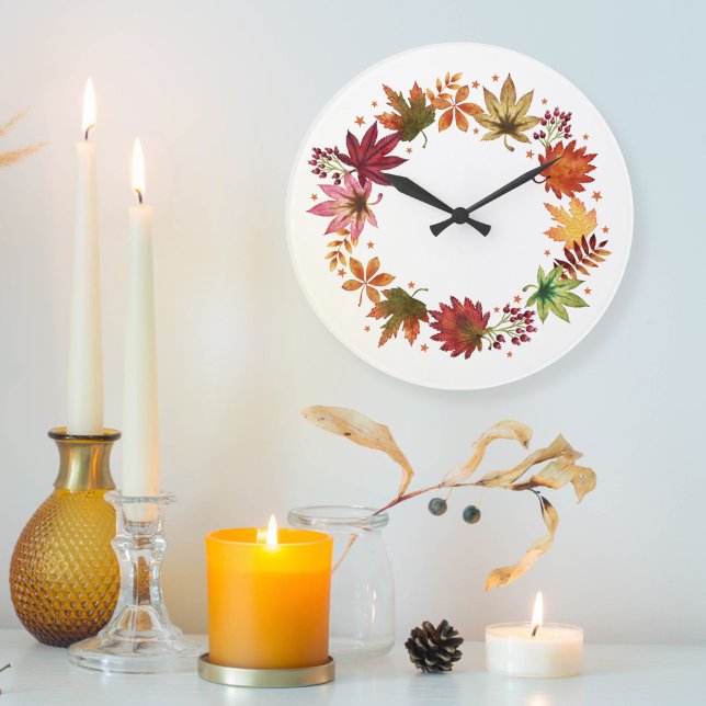Bauernhof Ernte Herbst Herbstleaves Wreath Große Wanduhr (Farmhouse Harvest Fall Autumn Leaves Wreath Large Clock)