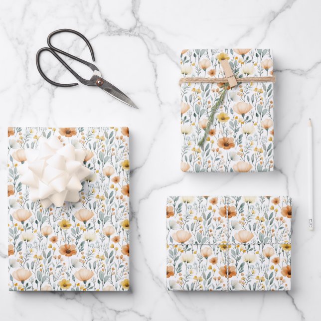 Bauernhof Florals auf Weiß Geschenkpapier Set (Vorderseite)