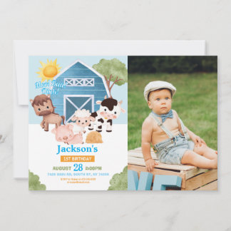Bauernhof Geburtstag 1. Invite Blue Boys ein Foto Einladung