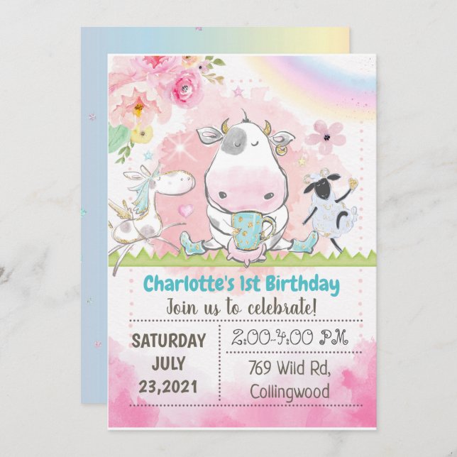 Bauernhof Geburtstagseinladung, Einladung von Kuh, (Vorne/Hinten)