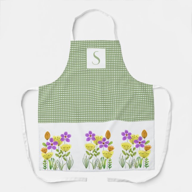 Bauernhof Green Gingham mit Wildblumen Monogram Schürze (Vorderseite)