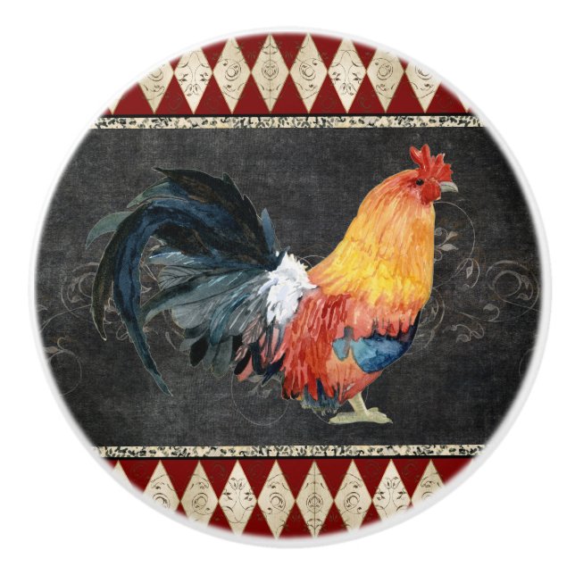 Bauernhof Küche Rooster Red Gold Blue Chalkboard Keramikknauf (Vorderseite)