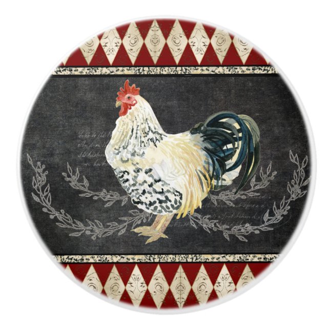 Bauernhof Küche Rooster Tafel Schwarz in Weiß Keramikknauf (Vorderseite)