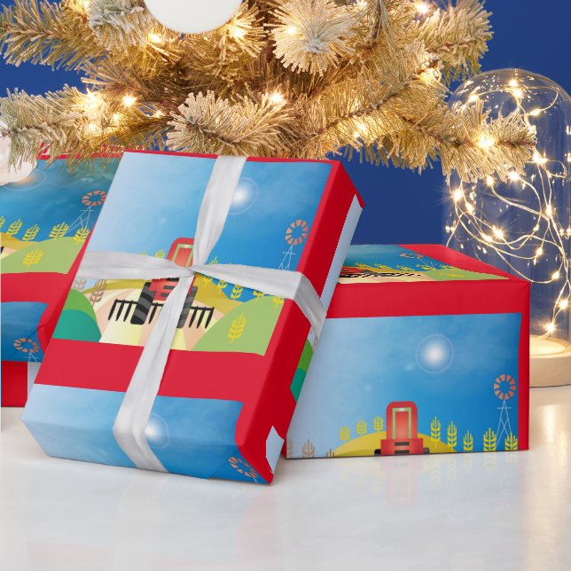 Bauernhof mit rotem     TraktorWrapping Paper Geschenkpapier (Feiertage)